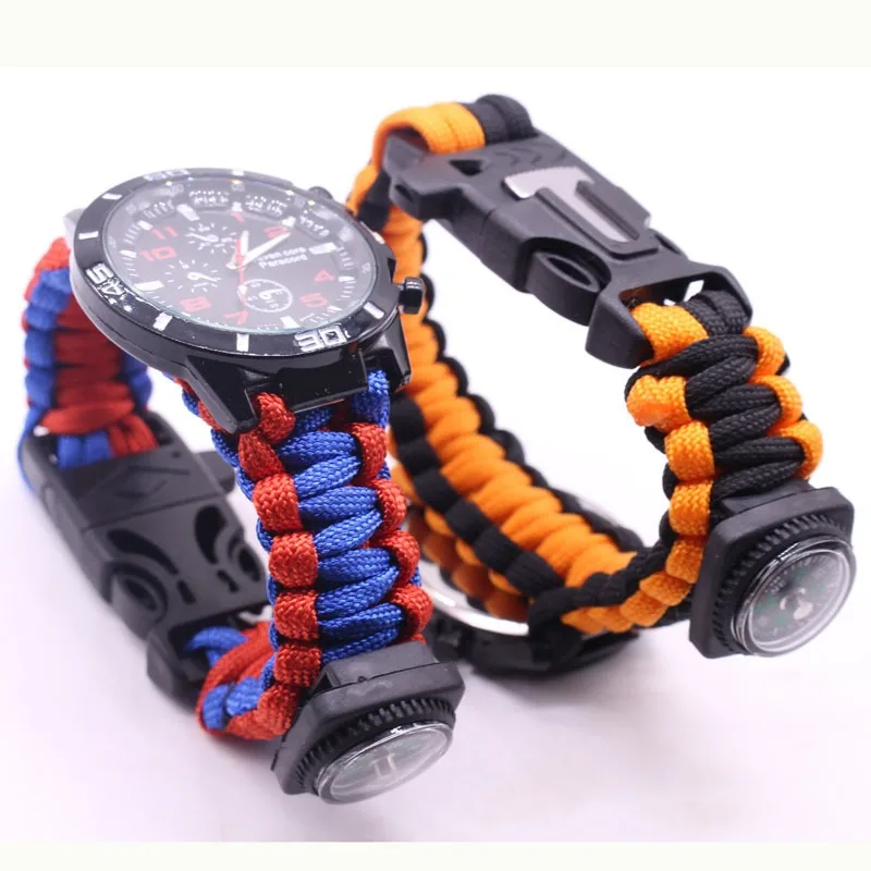 Outdoor Adventure Watches - Multifunktionale Outdoor-Uhr, Regenschirm-Seil-Webarmband mit Feuerstein-Kompass-Überlebensset, Sieben-Kern-Design